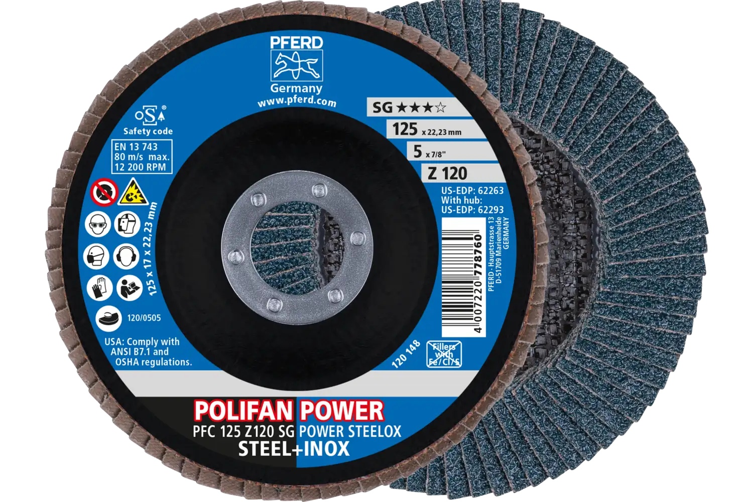 Picture of Pferd Flap Disc, 5" x 7/8, Z SG Power Steelox, 120 Grit, T29, Conical, Zirconia